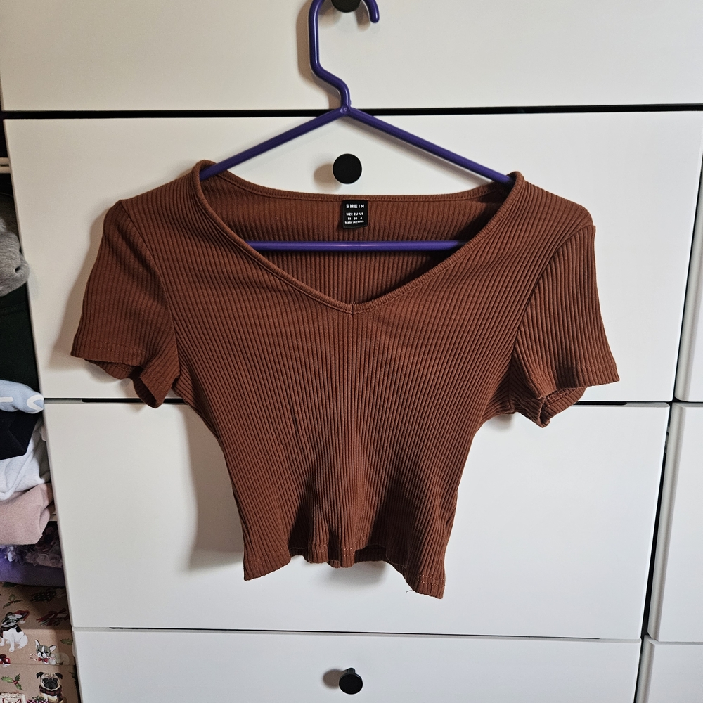 SHEIN Brown Ribbed Crop T-Shirt